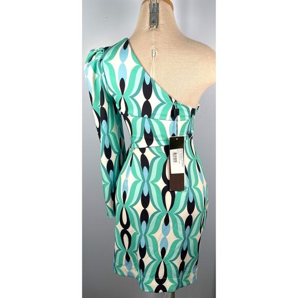 PatBO Twist One Shoulder Ruched Long Sleeve Belted Piscene Blue Mini Dress Sz 4 - Picture 8 of 10